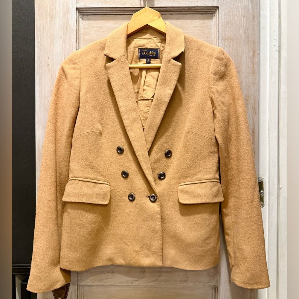 Buckley Tailors Virgin Wool/Cashmere Blend Double Breasted Blazer, Camel, Size 2